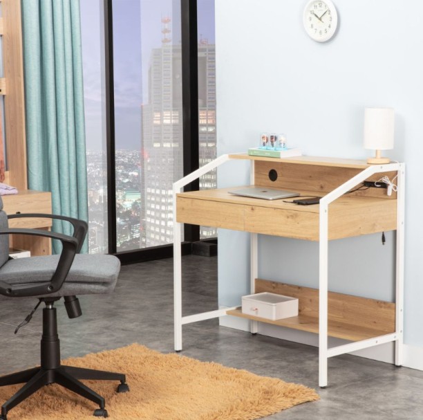 VIVIDITTO Computer, Study & Writing 2 Drawer Desk with Shelves Multipurpose Table – Cream Country Oak - Image 2