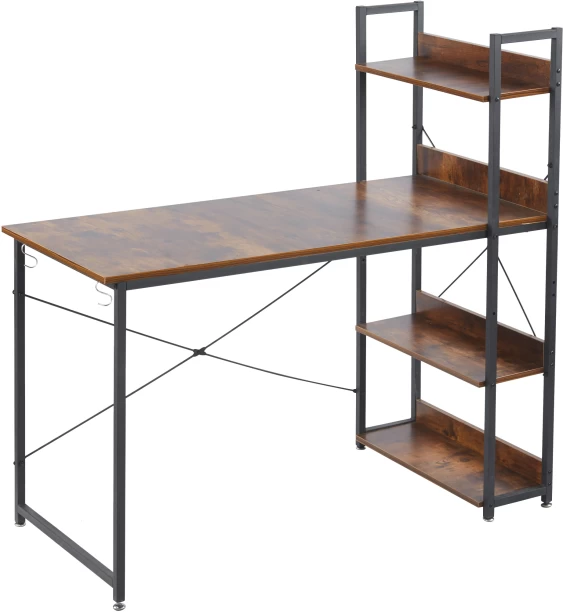 RSQQAV Industrial Computer Desk with 3-Tier Open Bookshelf – Wood Grain Writing & Study Workstation with X-Braced Metal Frame Solid Wood Workstation – Burning wood