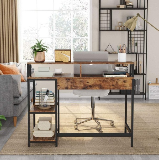 VIVIDITTO Computer Laptop Desk with Monitor Stand Home Office Metal Leg Frame Office Table – Rustic Brown - Image 2