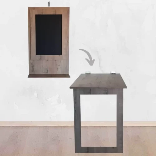 SpaceSave Fold Up Wall Mounted Desk & Blackboard 100x60cm Multipurpose Table – Rustic Wood