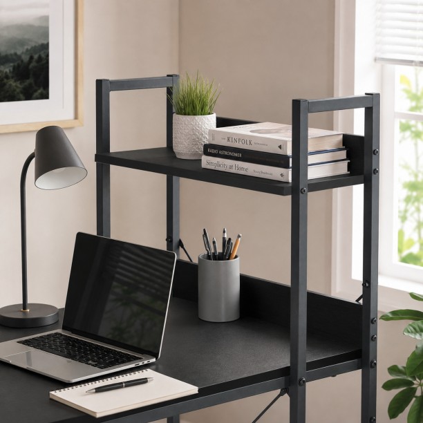 Golden Star Four layer storage rack computer desk with side bookshelves modern home office desk metal frame learning and writing desk equipped with hooks and adjustable foot pads suitable for bedrooms study rooms workbenches Multipurpose Table – Black - Image 6