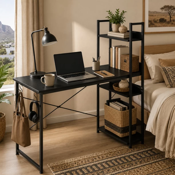 Golden Star Four layer storage rack computer desk with side bookshelves modern home office desk metal frame learning and writing desk equipped with hooks and adjustable foot pads suitable for bedrooms study rooms workbenches Multipurpose Table – Black - Image 3