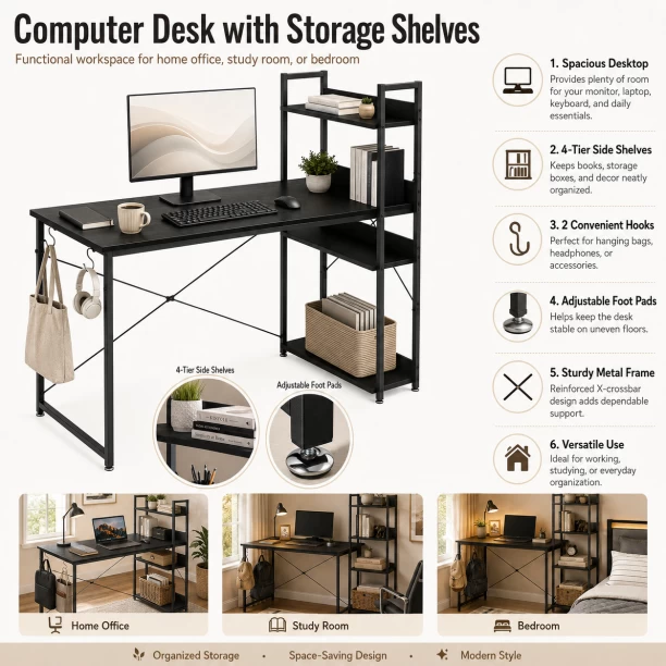 Golden Star Four layer storage rack computer desk with side bookshelves modern home office desk metal frame learning and writing desk equipped with hooks and adjustable foot pads suitable for bedrooms study rooms workbenches Multipurpose Table – Black - Image 4