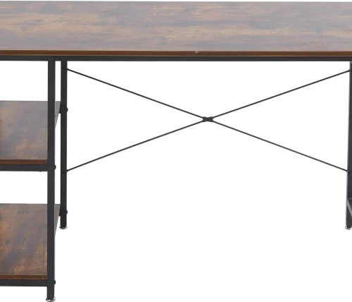 RSQQAV 1.2m Industrial Computer Desk with Reversible 2-Tier Shelves – PC Gaming Desk with X-Frame Reinforcement & Adjustable Feet Multipurpose Table – Burning wood