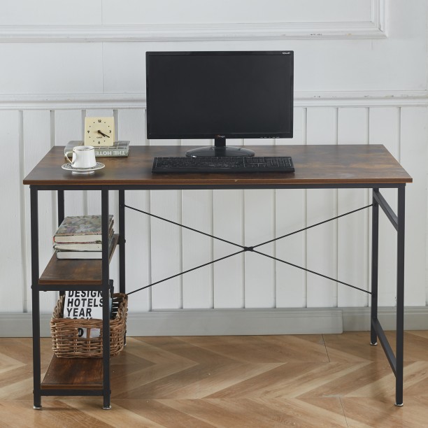 RSQQAV 1.2m Industrial Computer Desk with Reversible 2-Tier Shelves – PC Gaming Desk with X-Frame Reinforcement & Adjustable Feet Multipurpose Table – Burning wood - Image 6