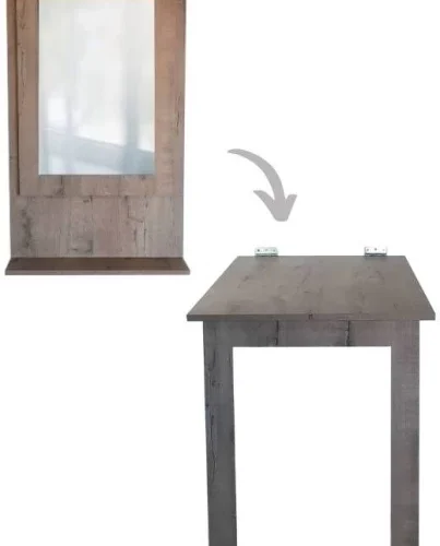 SpaceSave Fold Up Wall Mounted Desk & Mirror 100x60cm Multipurpose Table – Rustic Wood