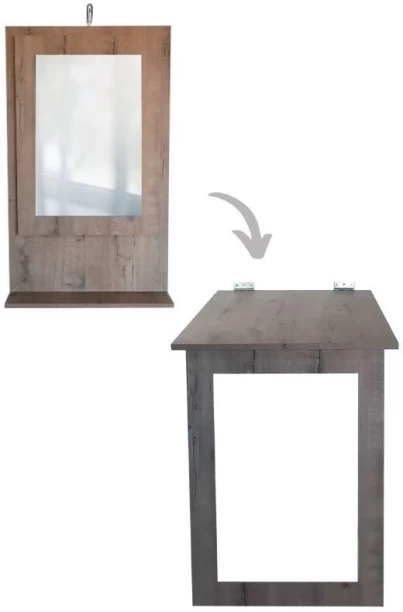 SpaceSave Fold Up Wall Mounted Desk & Mirror 100x60cm Multipurpose Table – Rustic Wood