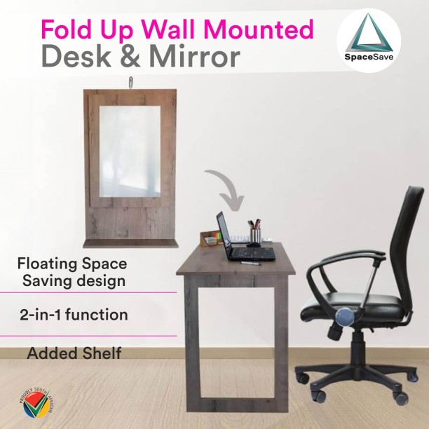 SpaceSave Fold Up Wall Mounted Desk & Mirror 100x60cm Multipurpose Table – Rustic Wood - Image 5