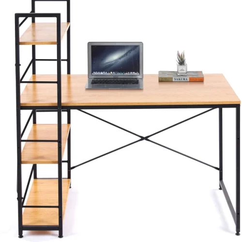 RSQQAV 120cm Industrial Computer Desk with Reversible 4-Tier Shelves – Home Office Study Workstation with Cable Management & X-Brace Support (120 x 64 x 120 cm) Multipurpose Table – Wood