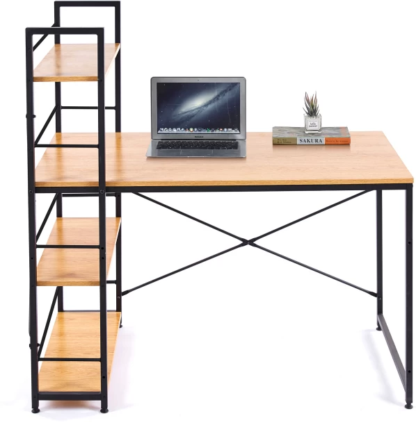 RSQQAV 120cm Industrial Computer Desk with Reversible 4-Tier Shelves – Home Office Study Workstation with Cable Management & X-Brace Support (120 x 64 x 120 cm) Multipurpose Table – Wood