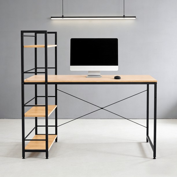 RSQQAV 120cm Industrial Computer Desk with Reversible 4-Tier Shelves – Home Office Study Workstation with Cable Management & X-Brace Support (120 x 64 x 120 cm) Multipurpose Table – Wood - Image 7