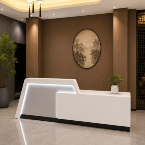 GOF Furniture 261 Madison Reception Desk 3000 x 600 x 1100mm – High Gloss White with LED Office Table