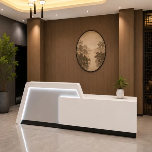 GOF Furniture 261 Madison Reception Desk 3000 x 600 x 1100mm – High Gloss White with LED Office Table