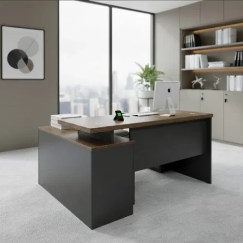 HOD Luna L-Shaped 1.4m Office Table – Dark Walnut, Grey