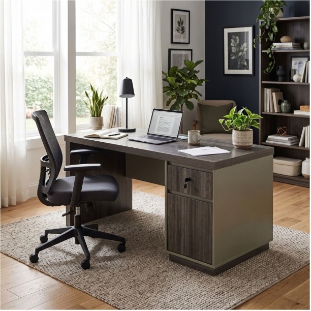 Kallisto Office Desk with Pedestal Office Table – Silkwood Brown - Image 2