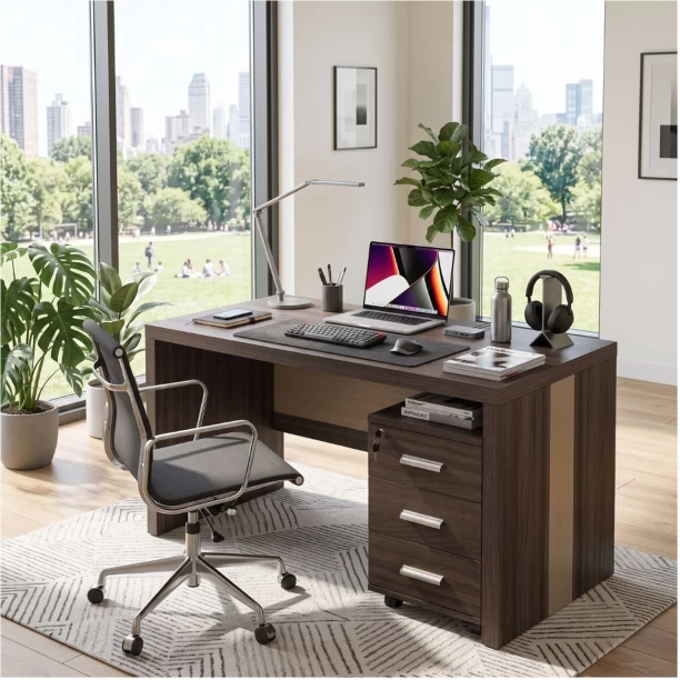 Decorum & Co. Three Drawer Office Desk Office Table – Silkwood - Image 4