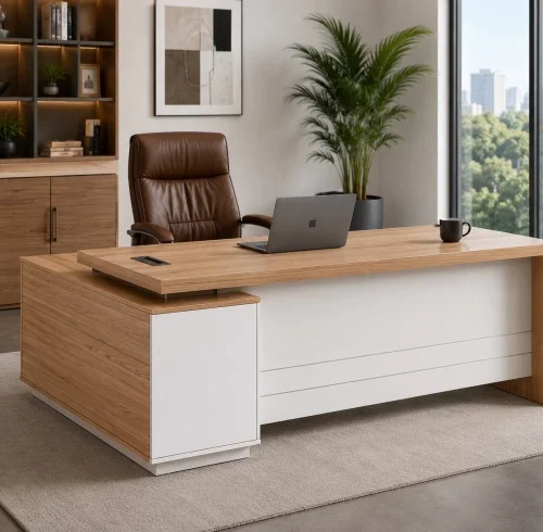 QandAHome Nova Executive Desk Office Table – White and Oak