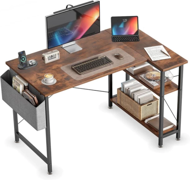 RSQQAV L-Shaped Computer Desk with Storage Shelves & Side Pocket – Reversible Corner Gaming & Study Desk Multipurpose Table – Burning wood - Image 2
