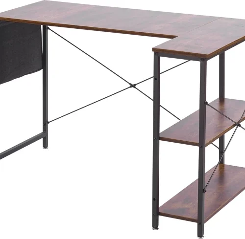 RSQQAV L-Shaped Computer Desk with Storage Shelves & Side Pocket – Reversible Corner Gaming & Study Desk Multipurpose Table – Burning wood