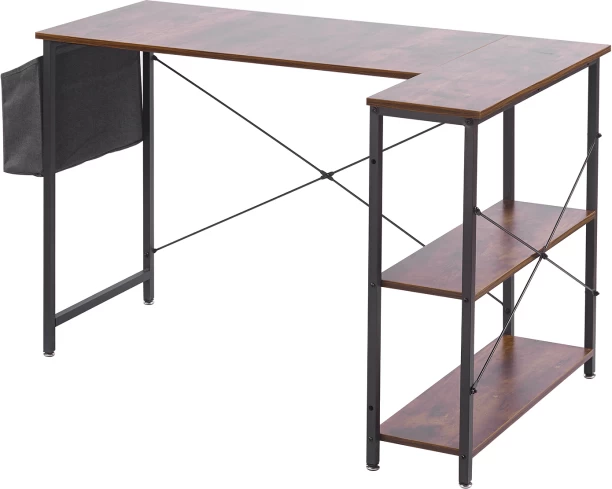 RSQQAV L-Shaped Computer Desk with Storage Shelves & Side Pocket – Reversible Corner Gaming & Study Desk Multipurpose Table – Burning wood