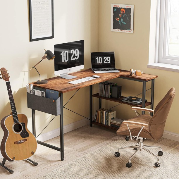 RSQQAV L-Shaped Computer Desk with Storage Shelves & Side Pocket – Reversible Corner Gaming & Study Desk Multipurpose Table – Burning wood - Image 5