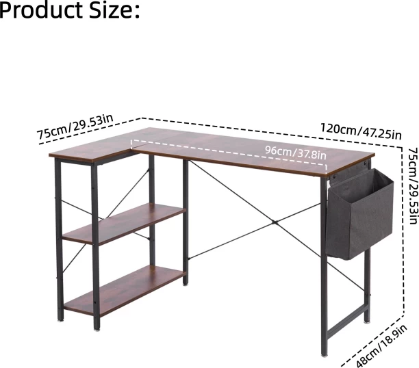 RSQQAV L-Shaped Computer Desk with Storage Shelves & Side Pocket – Reversible Corner Gaming & Study Desk Multipurpose Table – Burning wood - Image 3