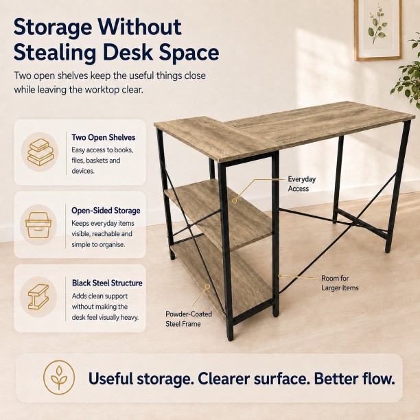 Refined Spaces – Studio Workstation Desk – L-Shaped with Shelves, Stonewood Finish / Office Table - Image 5