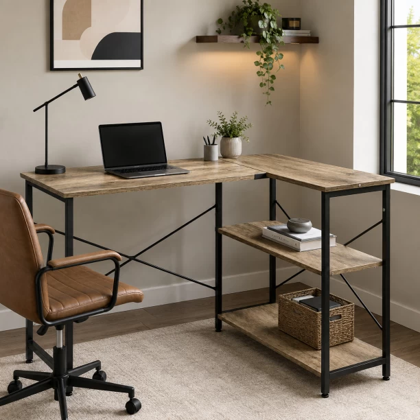 Refined Spaces – Studio Workstation Desk – L-Shaped with Shelves, Stonewood Finish / Office Table - Image 2