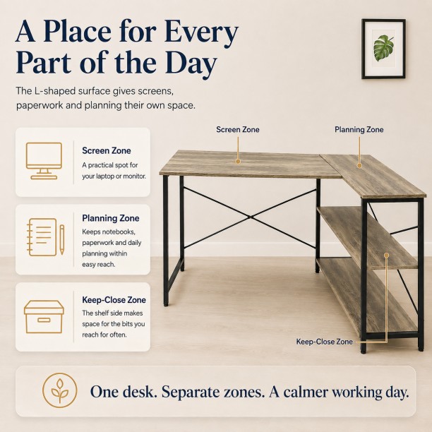 Refined Spaces – Studio Workstation Desk – L-Shaped with Shelves, Stonewood Finish / Office Table - Image 3