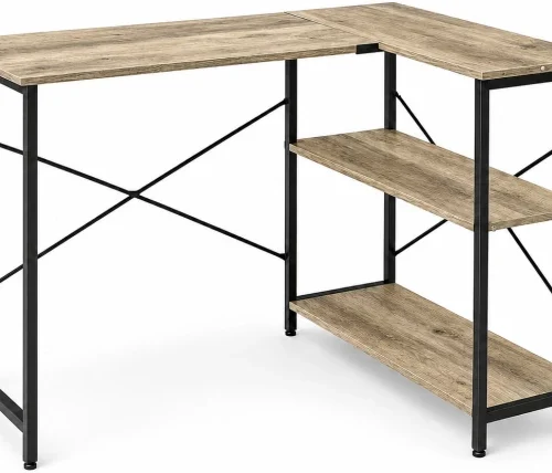 Refined Spaces – Studio Workstation Desk – L-Shaped with Shelves, Stonewood Finish / Office Table