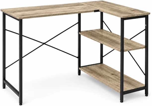 Refined Spaces – Studio Workstation Desk – L-Shaped with Shelves, Stonewood Finish / Office Table