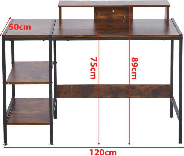 RSQQAV Computer Desk with Raised Monitor Stand & Reversible Storage Shelves – Modern Rustic Home Office & Gaming Workstation Multipurpose Table – Burning wood - Image 4