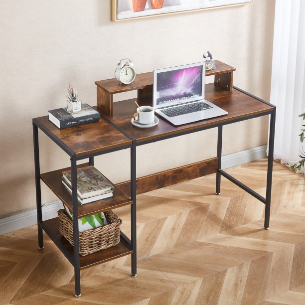 RSQQAV Computer Desk with Raised Monitor Stand & Reversible Storage Shelves – Modern Rustic Home Office & Gaming Workstation Multipurpose Table – Burning wood - Image 5