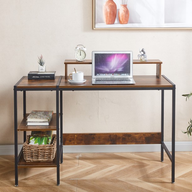 RSQQAV Computer Desk with Raised Monitor Stand & Reversible Storage Shelves – Modern Rustic Home Office & Gaming Workstation Multipurpose Table – Burning wood - Image 7
