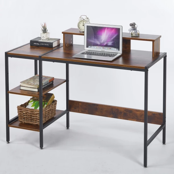RSQQAV Computer Desk with Raised Monitor Stand & Reversible Storage Shelves – Modern Rustic Home Office & Gaming Workstation Multipurpose Table – Burning wood - Image 2