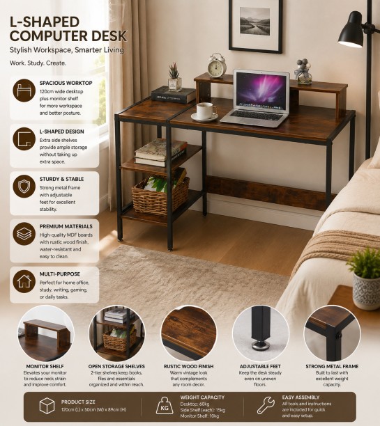 ArtisanFurnitureWarehouse Furniture 120 × 50cm computer desk with multiple storage and display shelves industrial wooden writing desk with metal frame suitable for offices homes and apartments for office and study purposes Multipurpose Table – Burningwood - Image 4