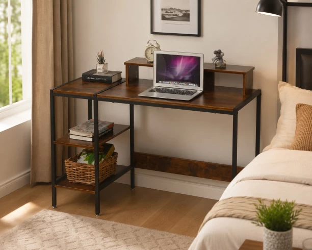 ArtisanFurnitureWarehouse Furniture 120 × 50cm computer desk with multiple storage and display shelves industrial wooden writing desk with metal frame suitable for offices homes and apartments for office and study purposes Multipurpose Table – Burningwood - Image 3