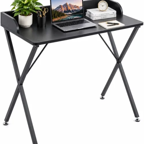 Artisan Furniture Warehouse 90 × 50 × 79cm black computer desk with raised back edge X-shaped cross metal stand office desk adjustable balance feet suitable for bedrooms and study rooms Multipurpose Table