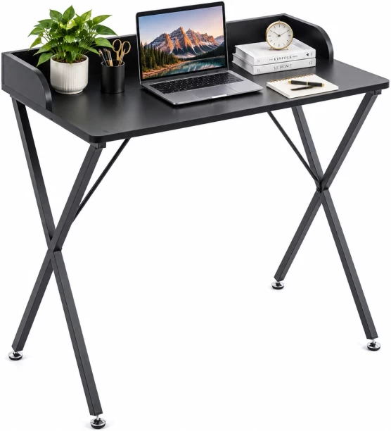 Artisan Furniture Warehouse 90 × 50 × 79cm black computer desk with raised back edge X-shaped cross metal stand office desk adjustable balance feet suitable for bedrooms and study rooms Multipurpose Table