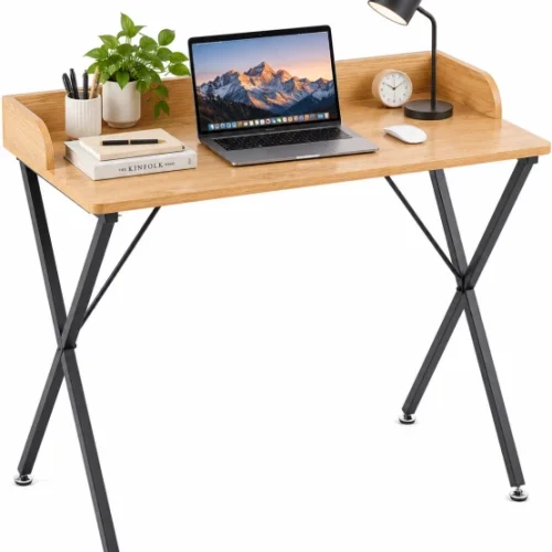 Artisan Furniture Warehouse 90 × 50 × 79cm wooden ribbon with raised back edge computer desk 90cm home study desk X-shaped cross metal stand office desk adjustable balance feet suitable for bedrooms study rooms and desks Multipurpose Table – GreyWood