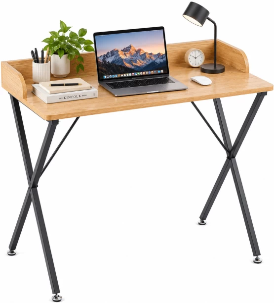 Artisan Furniture Warehouse 90 × 50 × 79cm wooden ribbon with raised back edge computer desk 90cm home study desk X-shaped cross metal stand office desk adjustable balance feet suitable for bedrooms study rooms and desks Multipurpose Table – GreyWood