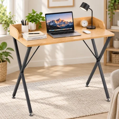 Golden Star Imitation wood grain computer desk with raised back panel X-shaped metal frame home office desk equipped with adjustable horizontal feet suitable for bedroom and study use size: 90 × 50 × 79cm Multipurpose Table – GreyWood