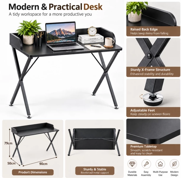 Artisan Furniture Warehouse 90 × 50 × 79cm black computer desk with raised back edge X-shaped cross metal stand office desk adjustable balance feet suitable for bedrooms and study rooms Multipurpose Table - Image 4