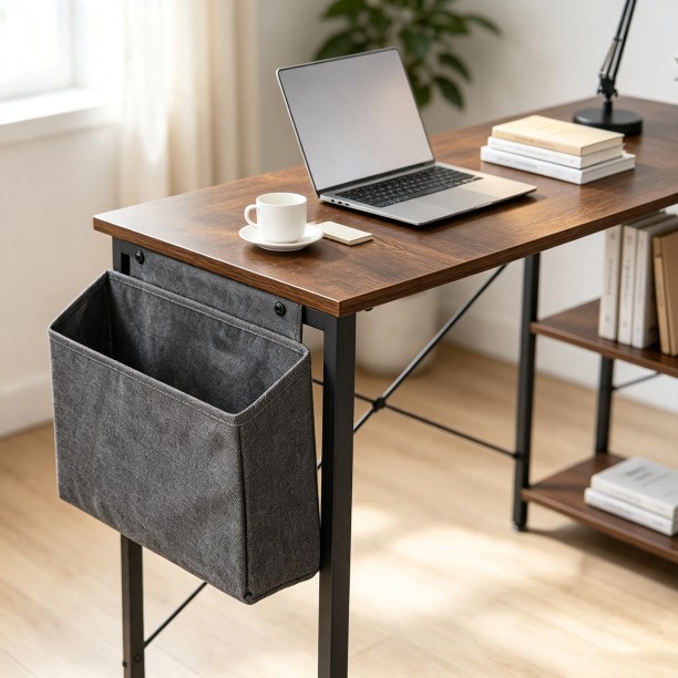 ArtisanFurnitureWarehouse Furniture 96cm x 48cm L-shaped computer desk with double-layer storage rack and side cloth bag wooden appearance corner desk metal frame suitable for home and office apartment for office and study Multipurpose Table – BurningWood - Image 5