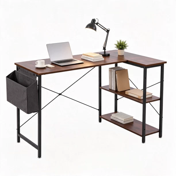 ArtisanFurnitureWarehouse Furniture 96cm x 48cm L-shaped computer desk with double-layer storage rack and side cloth bag wooden appearance corner desk metal frame suitable for home and office apartment for office and study Multipurpose Table – BurningWood