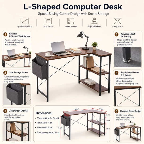 ArtisanFurnitureWarehouse Furniture 96cm x 48cm L-shaped computer desk with double-layer storage rack and side cloth bag wooden appearance corner desk metal frame suitable for home and office apartment for office and study Multipurpose Table – BurningWood - Image 4