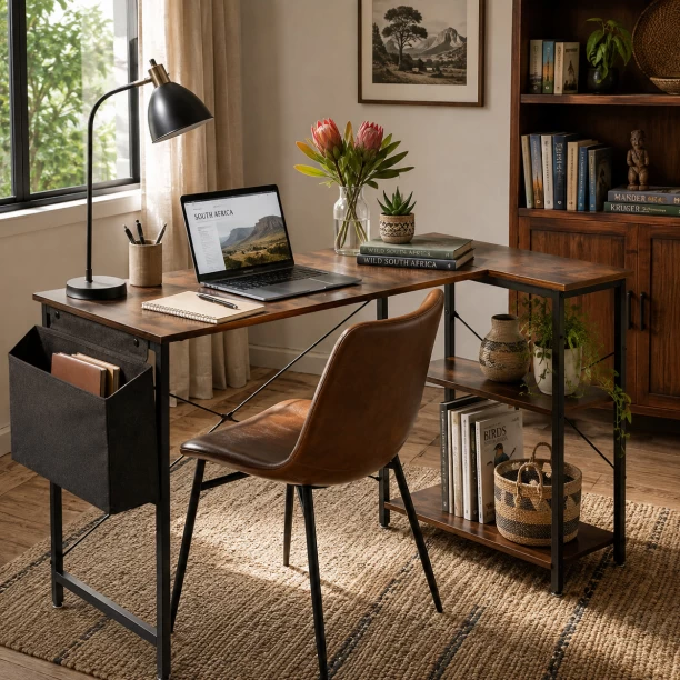ArtisanFurnitureWarehouse Furniture 96cm x 48cm L-shaped computer desk with double-layer storage rack and side cloth bag wooden appearance corner desk metal frame suitable for home and office apartment for office and study Multipurpose Table – BurningWood - Image 2