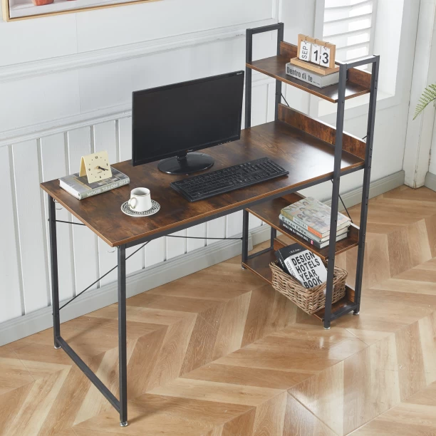RSQQAV Industrial Computer Desk with 3-Tier Open Bookshelf – Wood Grain Writing & Study Workstation with X-Braced Metal Frame Solid Wood Workstation – Burning wood - Image 2