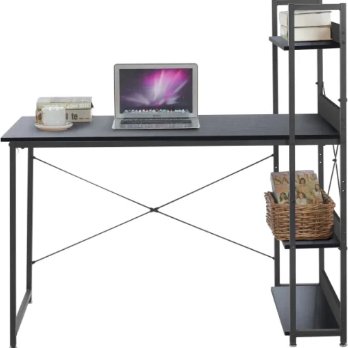 RSQQAV Industrial Computer Desk with 3-Tier Open Bookshelf – Wood Grain Writing & Study Workstation with X-Braced Metal Frame Solid Wood Workstation – BLACK