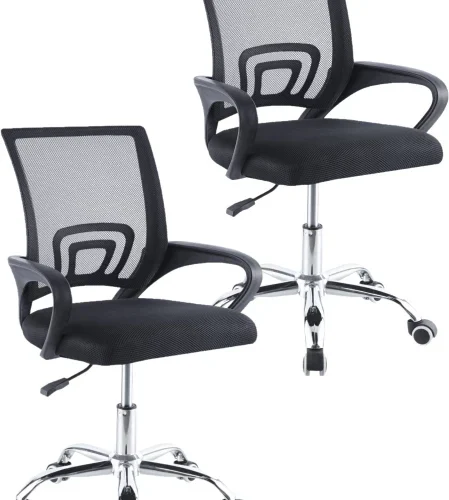 RSQQAV Set of 2 Ergonomic Mesh Office Chairs with Chrome Base & Adjustable Height – Swivel Desk Chairs (150kg Capacity Each) Office Arm Chair – Black